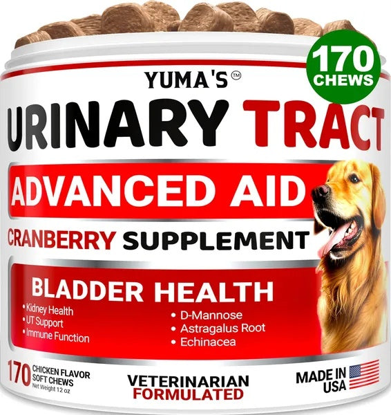 Yuma's Urinary Tract Advanced Aid cranberry supplement for dogs with a label showing ingredients and benefits.