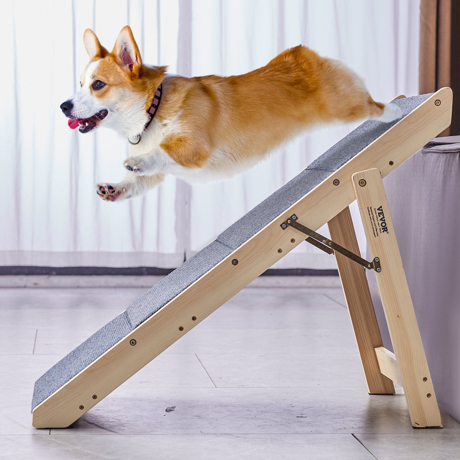 Dog using a wooden ramp on a light-colored floor with a neutral background