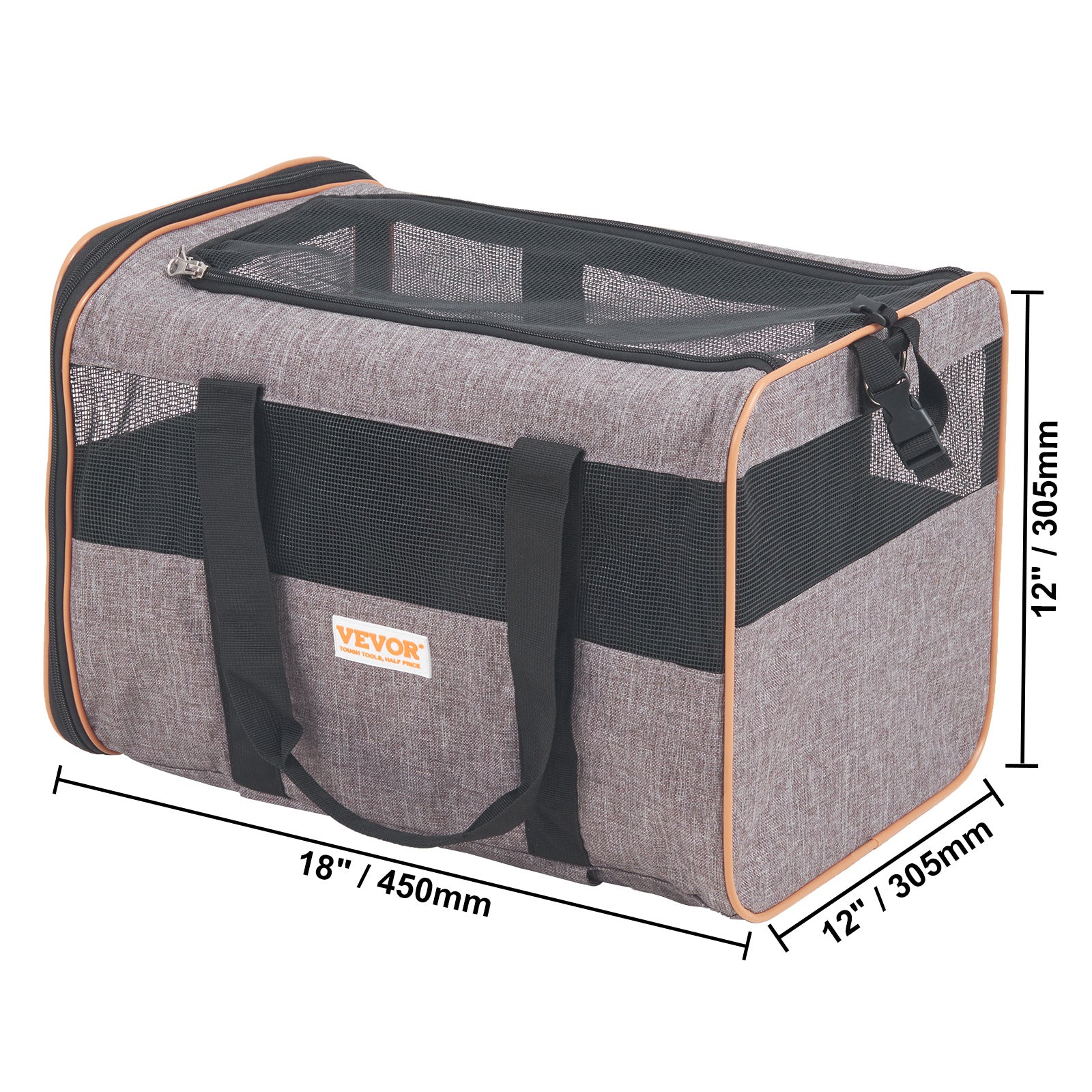 Gray pet carrier with black mesh sides and handles, featuring VEVOR branding, on a white background with dimensions displayed.