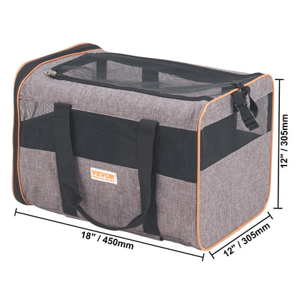 Gray pet carrier with black mesh sides and handles, featuring VEVOR branding, on a white background with dimensions displayed.