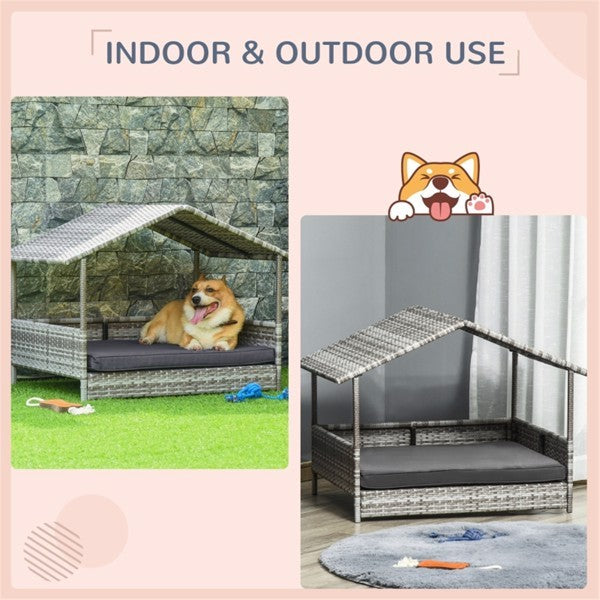 Dog house with canopy for indoor and outdoor use, featuring a dog on a stone wall and grass background.