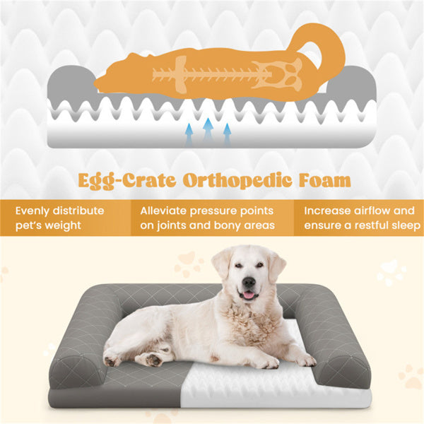 Dog lying on an egg-crate orthopedic foam pet bed with text highlighting its benefits.