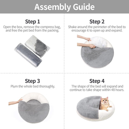 Assembly guide for a pet bed with step-by-step instructions and images of the process.