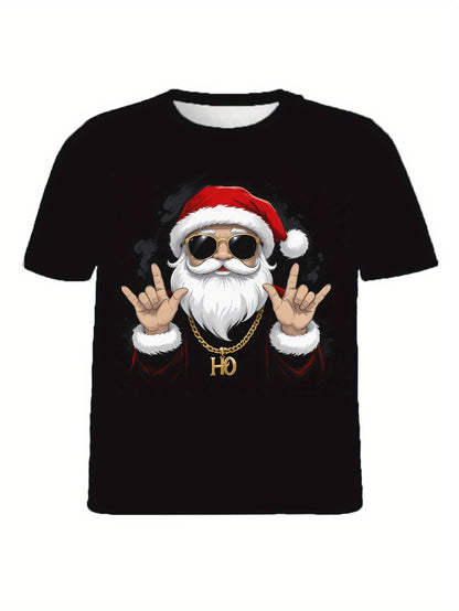 Black t-shirt with a graphic of Santa Claus making hand signs on a white background