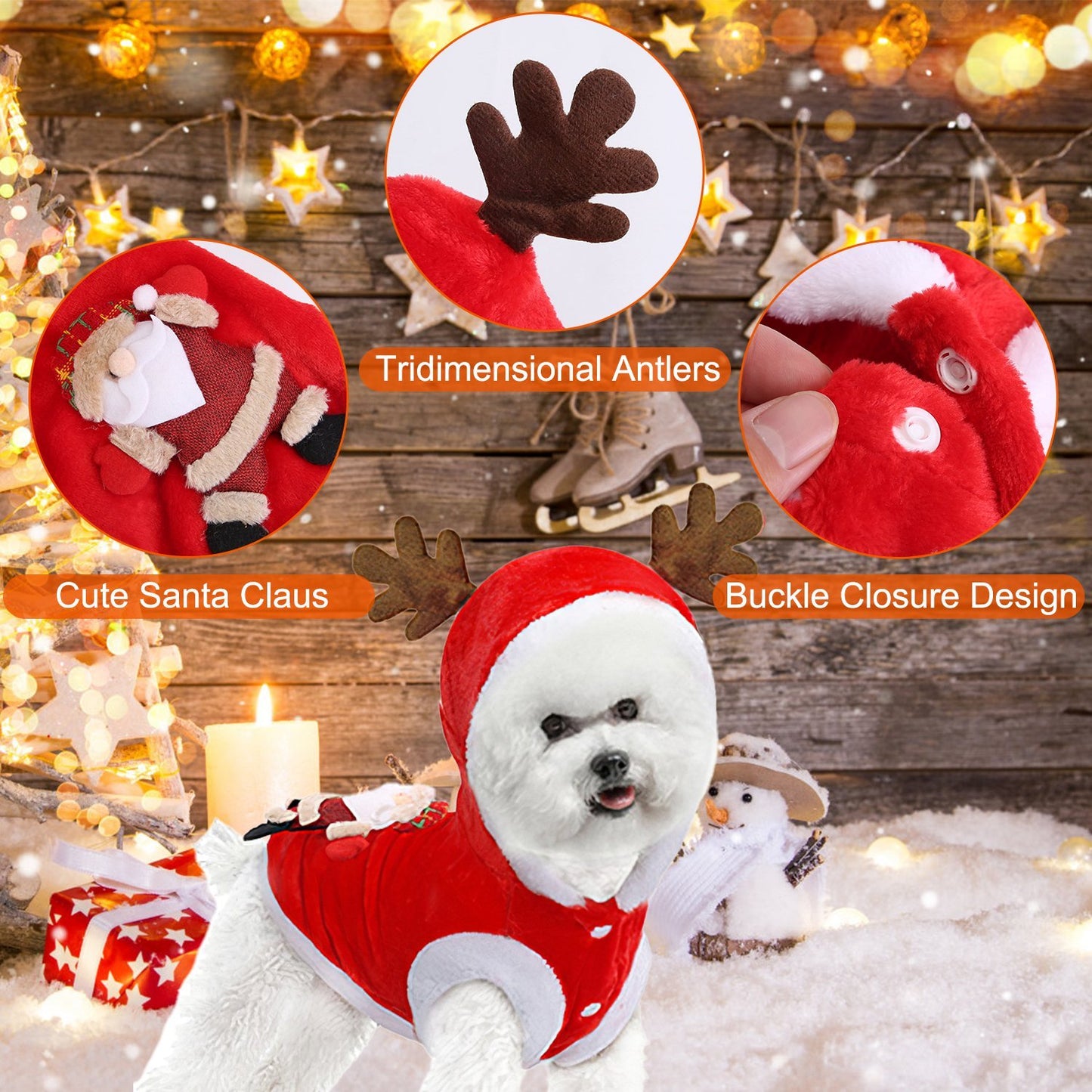 Dog wearing a Santa Claus costume with close-ups of features, set against a festive background.