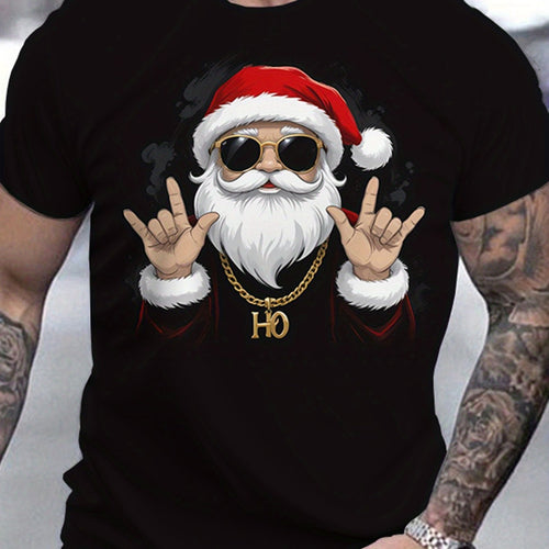 Black t-shirt with a graphic of a Santa Claus wearing sunglasses, a gold chain, and making hand signs on a plain background.