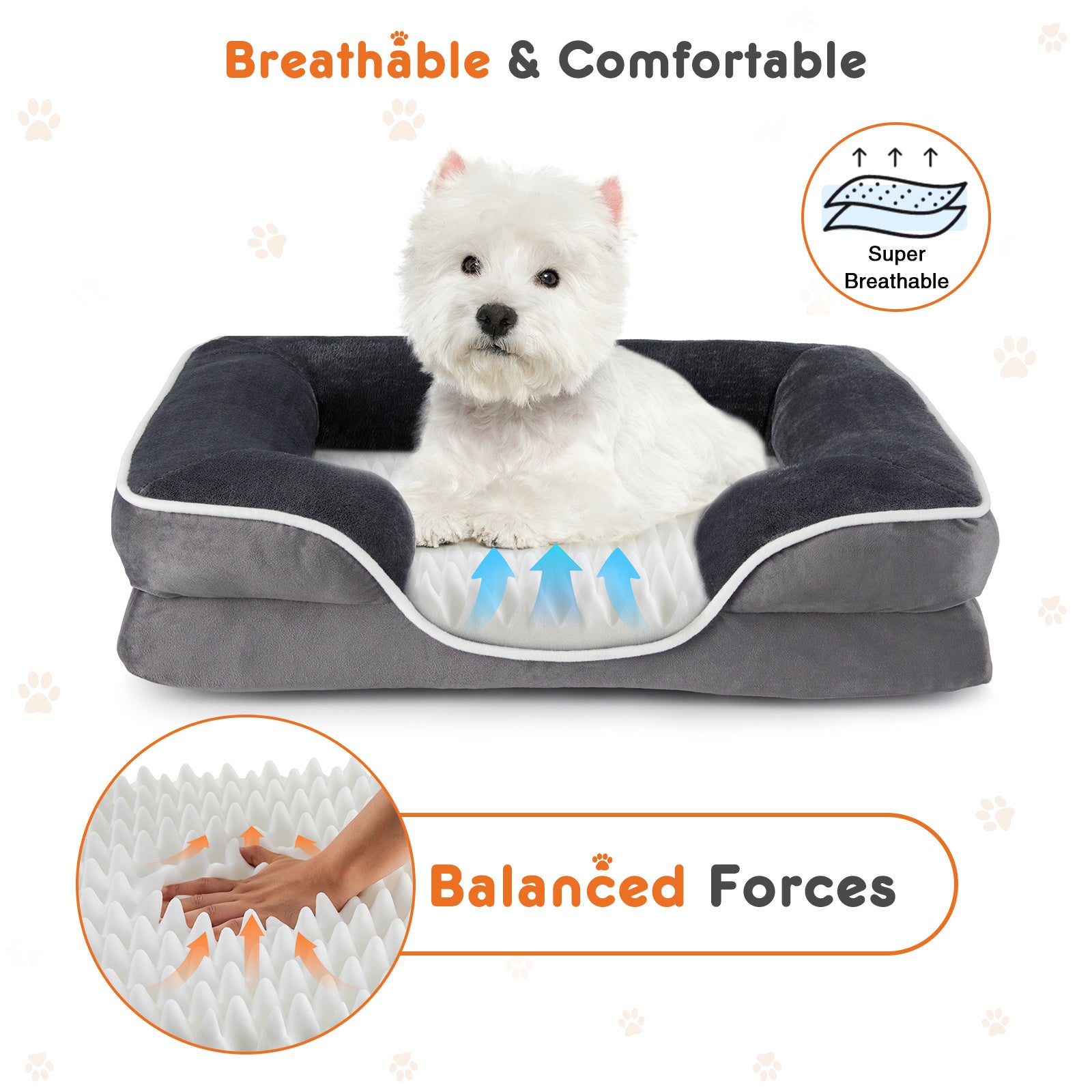 Gray pet bed with a white dog, labeled as breathable and comfortable, on a white background.