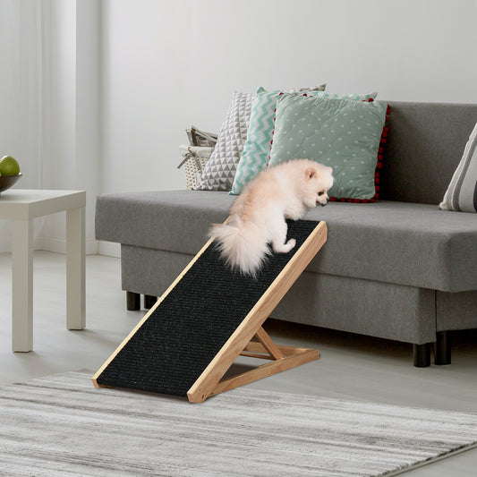 Small dog climbing a wooden ramp in a living room setting.