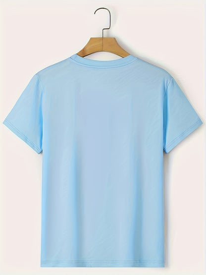 Light blue t-shirt on a hanger against a light background