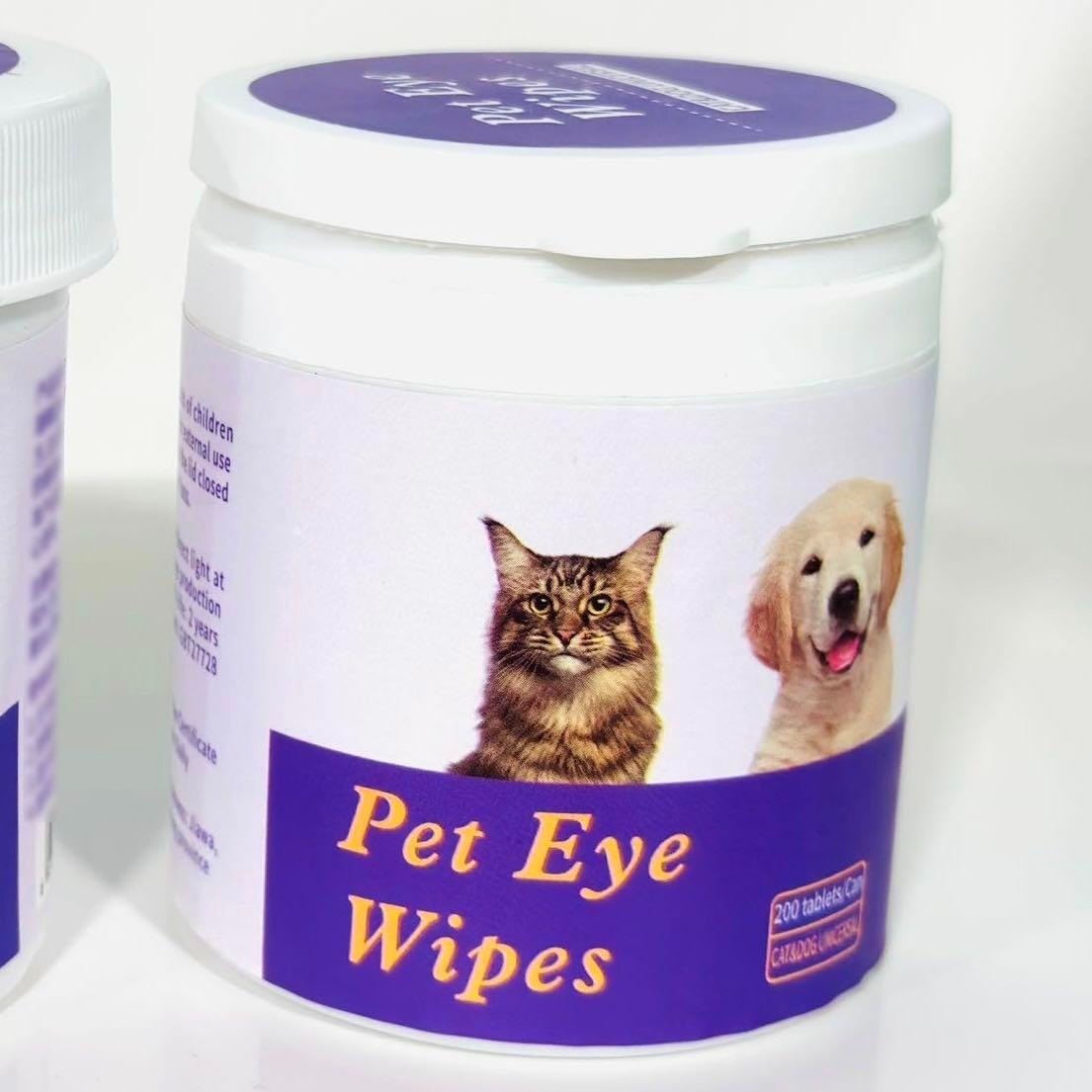 Pet Eye Wipes container with images of a cat and a dog on a white background