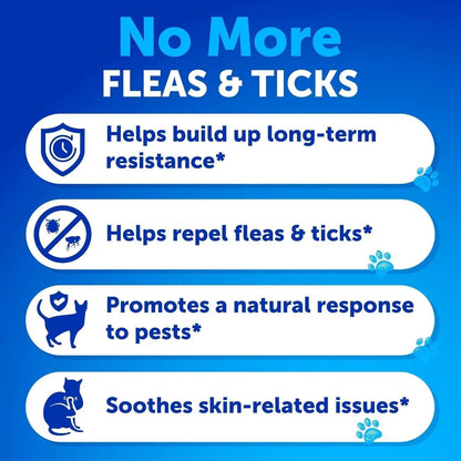 Product advertisement for flea and tick control with text on a blue background