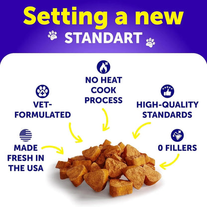 Dog food with text highlighting features like 'Vet-Formulated', 'No Heat Cook Process', 'High-Quality Standards', 'Made Fresh in the USA', and '0 Fillers'.
