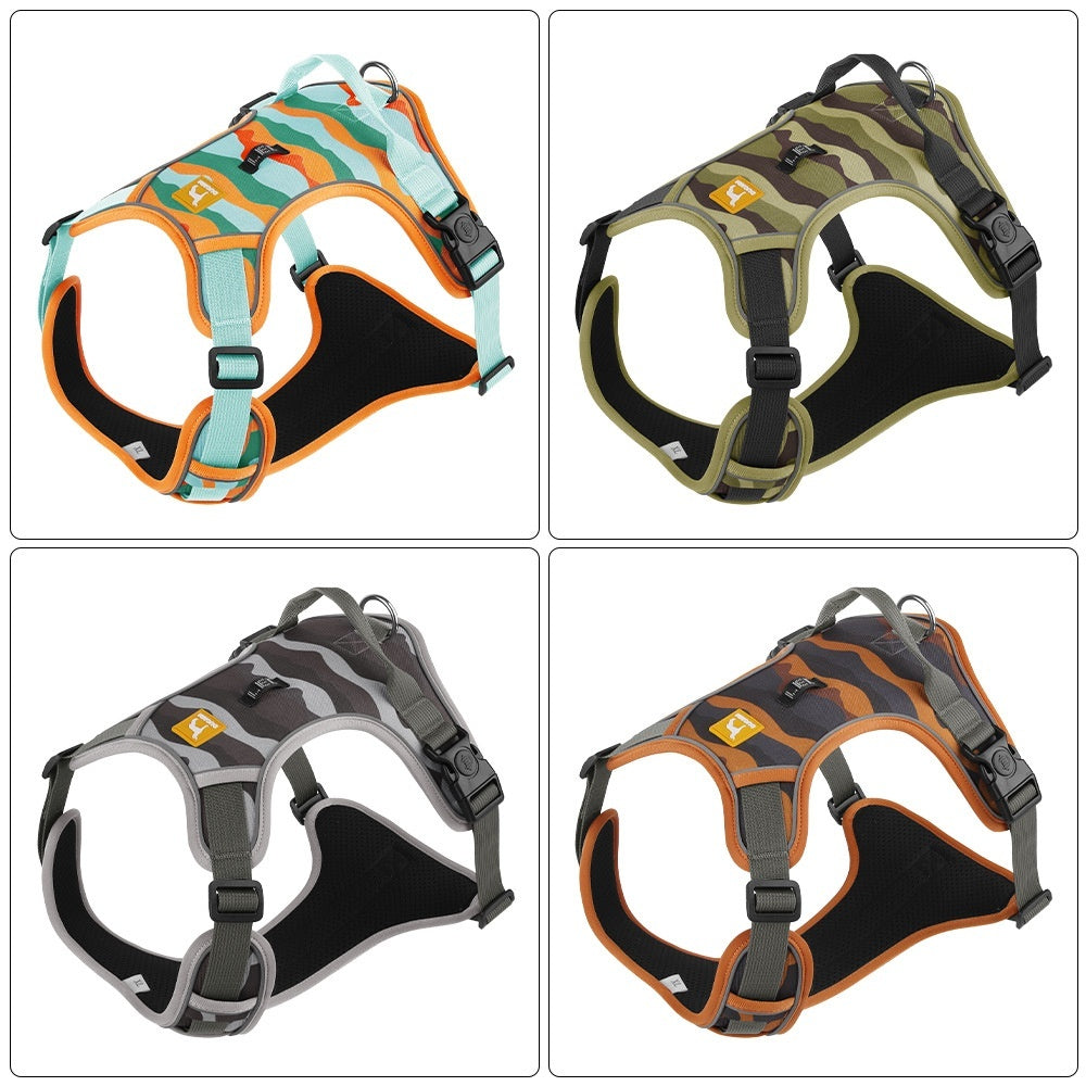 Four different dog harnesses in various colors and patterns on a white background.