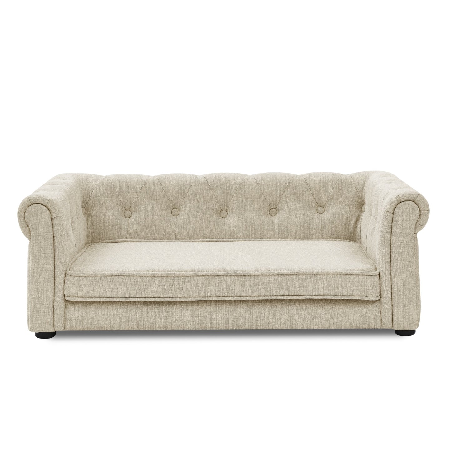 Beige sofa with tufted backrest on a white background