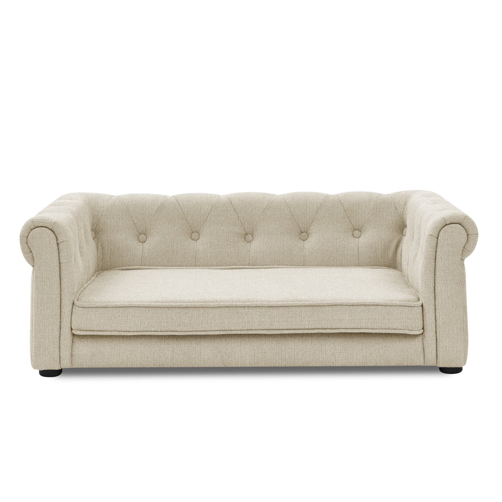 Beige sofa with tufted backrest on a white background