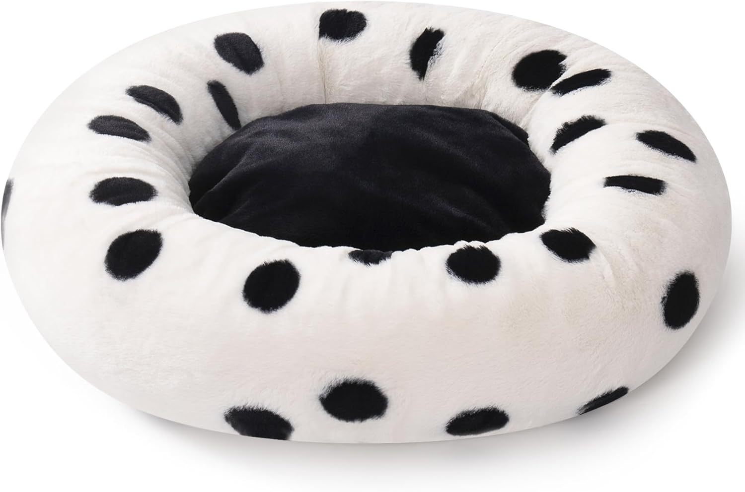 White pet bed with black paw prints on a white background