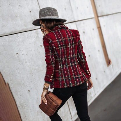 Women's Elegant Checkered Long Sleeve Blazer - Double-Breasted Printed Trench Coat For Fall & Winter, Office & Casual Jacket