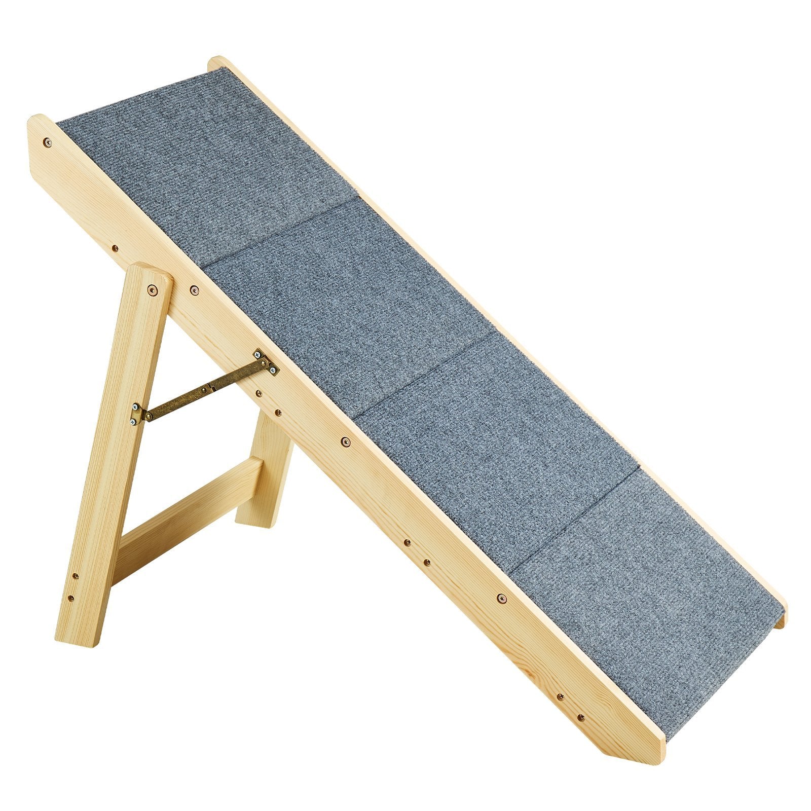 Wooden pet ramp with blue textured surface on a white background