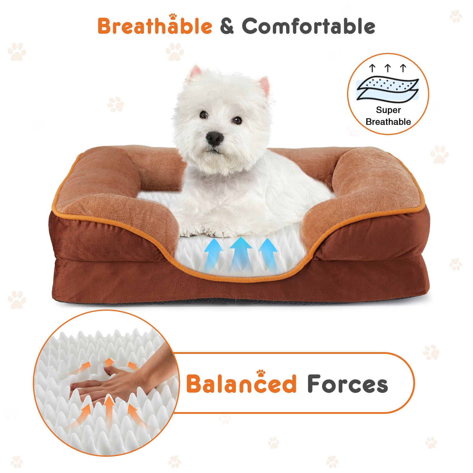 Brown pet bed with a white dog, labeled as breathable and comfortable, on a white background.