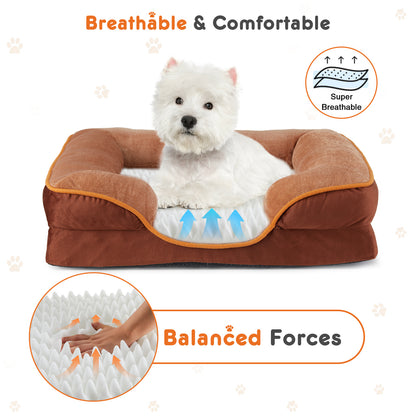 Brown pet bed with a white dog, labeled as breathable and comfortable, on a white background.