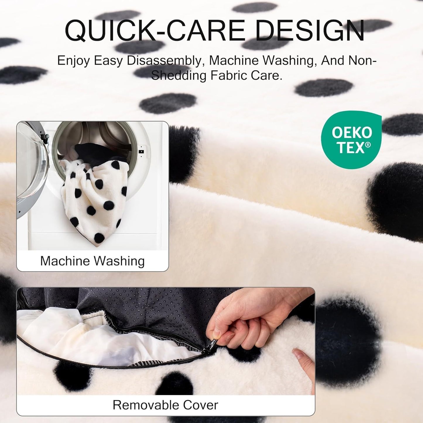 Text about quick-care design with images of machine washing and a removable cover, featuring Oeko-Tex logo.