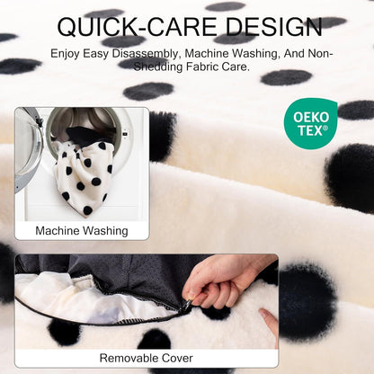 Text about quick-care design with images of machine washing and a removable cover, featuring Oeko-Tex logo.