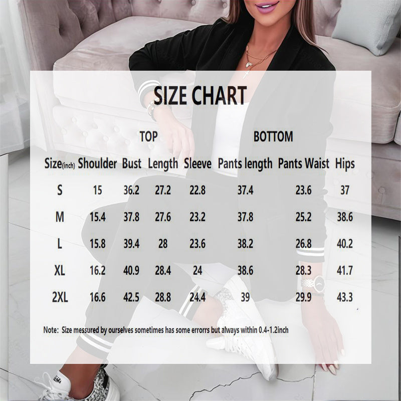 Woman wearing a outfit with a size chart overlayed on the image.