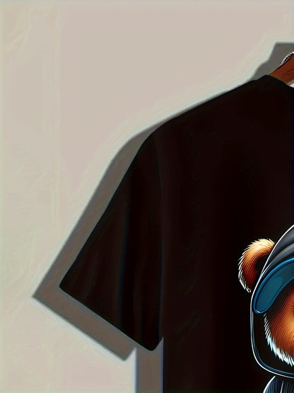 Men's Casual Geometric Bear Hat T-shirt Design - Polyester Knitted Fabric, Round Neck, Regular Style, Novel And Fashionable Clothing