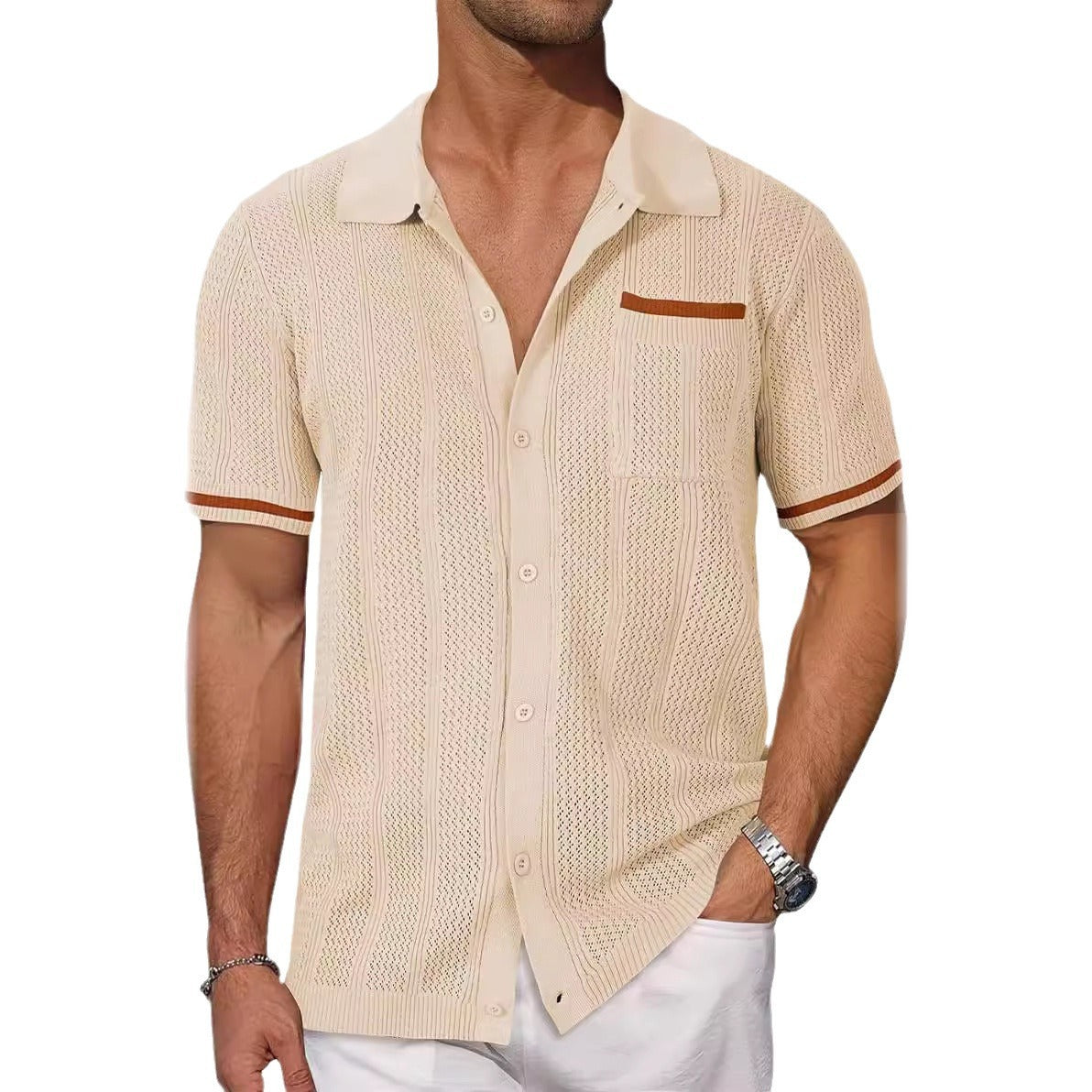 Man wearing a beige knitted short-sleeve shirt on a white background