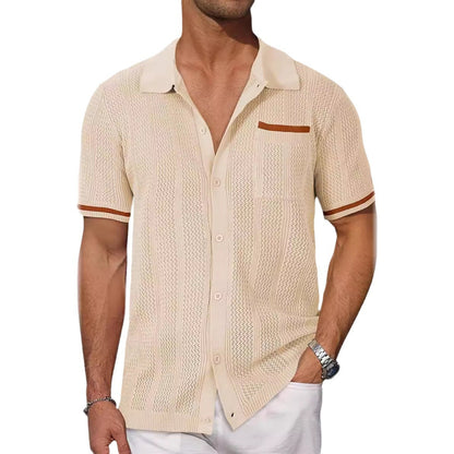 Man wearing a beige knitted short-sleeve shirt on a white background