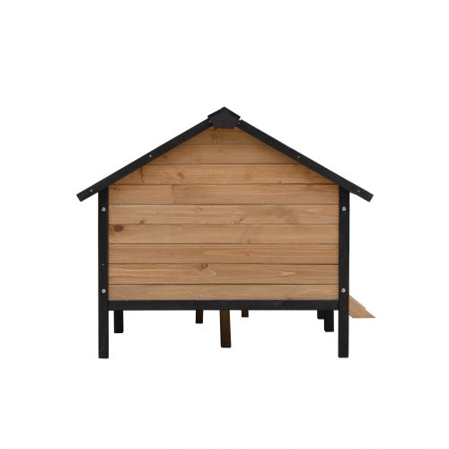 Wooden dog house with black trim on a white background