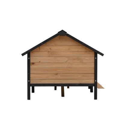 Wooden dog house with black trim on a white background