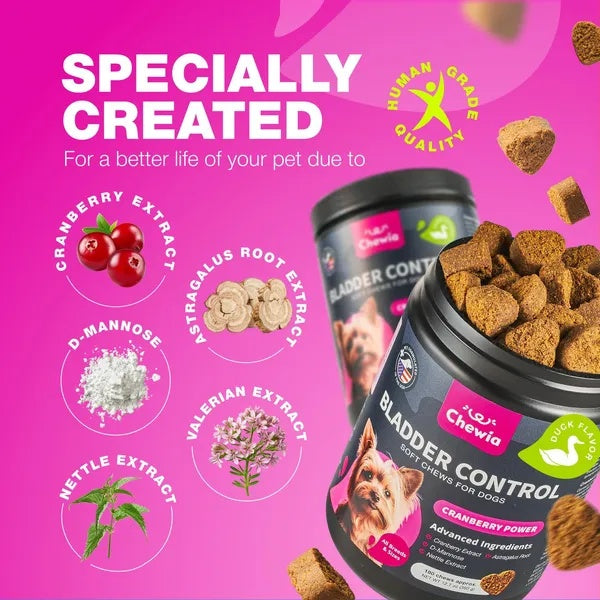 Dog food product with ingredients and benefits on a pink background