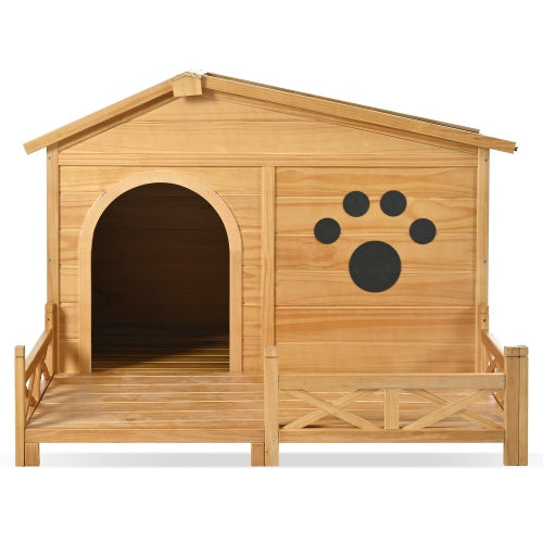 Wooden dog house with a paw print design on a white background