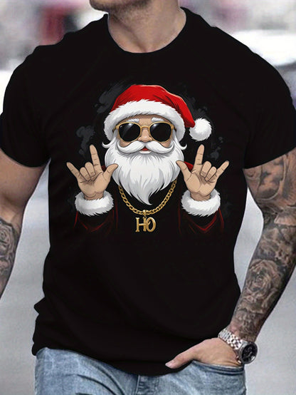 Black t-shirt with a graphic of Santa Claus wearing sunglasses and a gold chain, making hand gestures.