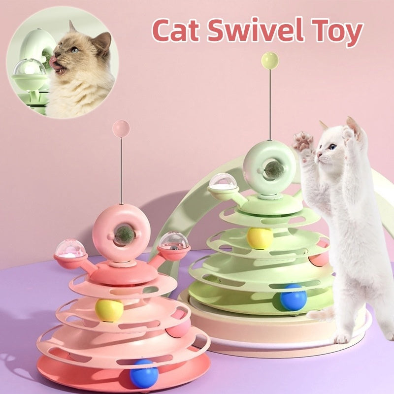 Cat swivel toy with a cat interacting with it on a pink background