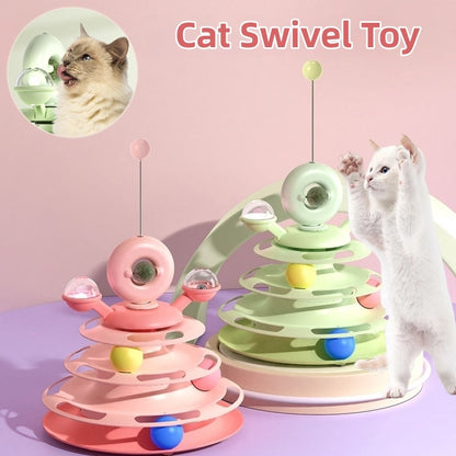 Cat swivel toy with a cat interacting with it on a pink background