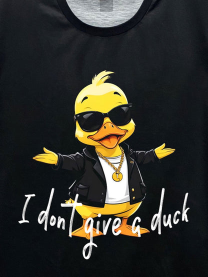 Black t-shirt with a cartoon duck wearing sunglasses and a jacket, and text 'I don't give a duck' on a black background.