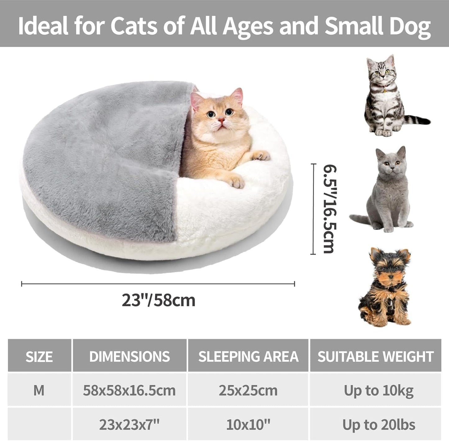 Pet bed with a cat inside, surrounded by small illustrations of cats and a dog, with text indicating suitability for cats and small dogs.