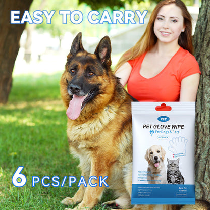 Woman with a German Shepherd dog holding a package of Pet Glove Wipes outdoors.