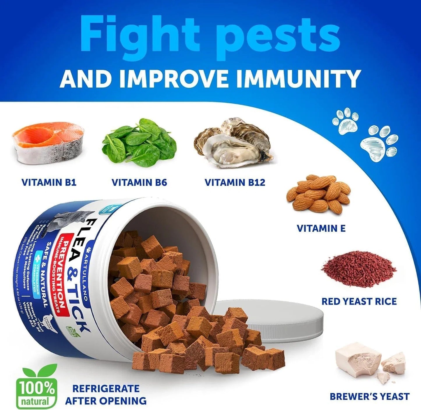 Flea and tick prevention product with ingredients and health benefits on a blue background