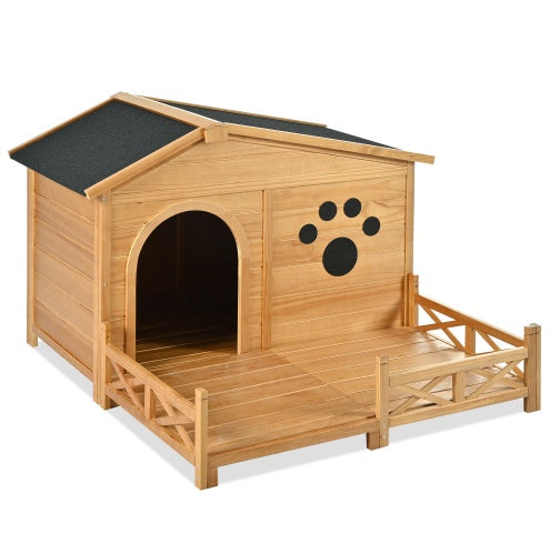 Wooden pet house with a black roof and paw print design on a white background