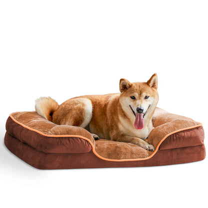 Dog lying on a brown pet bed with a white background