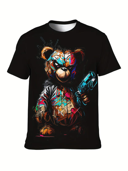 Black t-shirt with a colorful bear graphic design on a white background