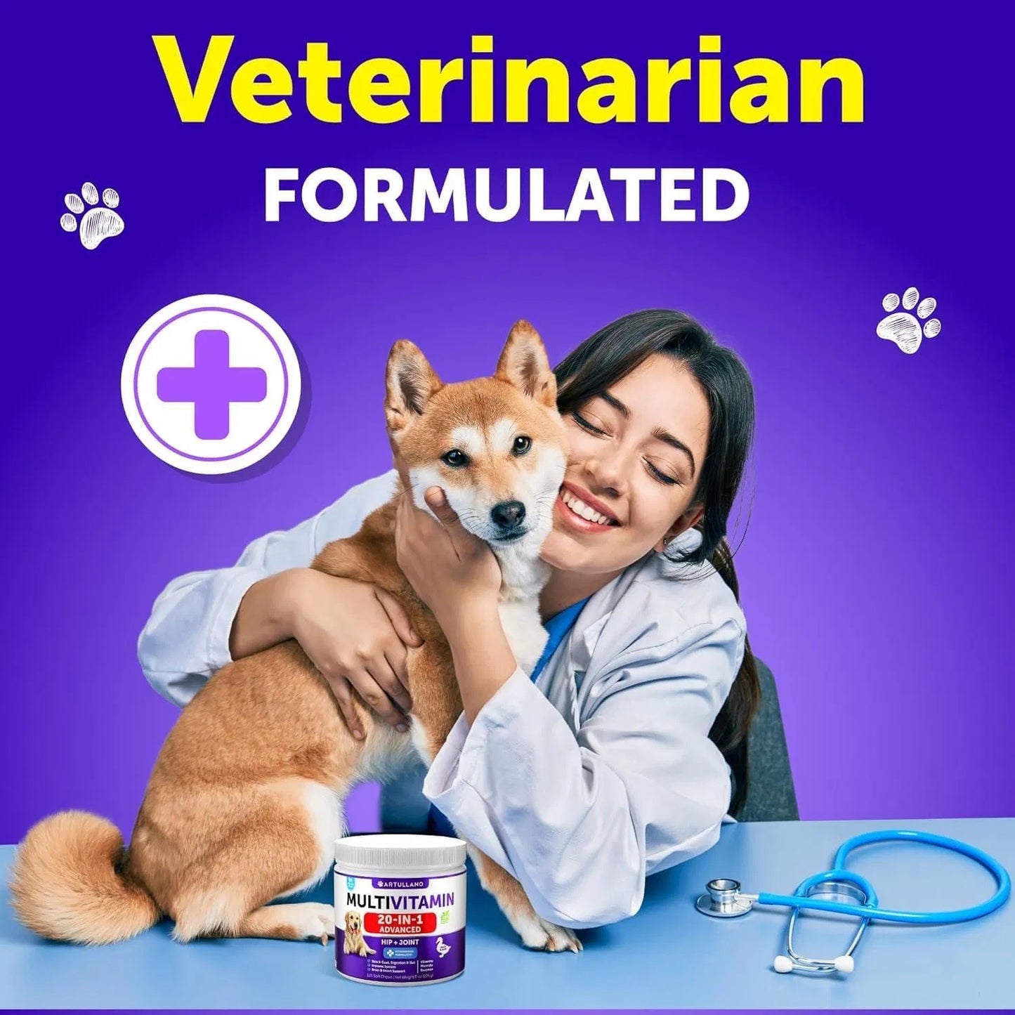 Woman in a lab coat holding a dog with a multivitamin container and stethoscope on a purple background
