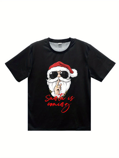 Black t-shirt with a graphic of Santa Claus wearing sunglasses and a red hat, with text 'Santa is coming' on a white background.