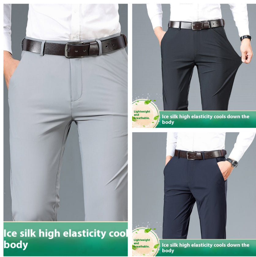 Gray and navy pants with a person wearing them, highlighting elasticity and comfort.