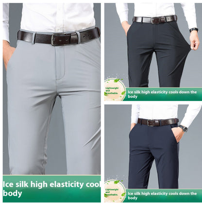 Gray and navy pants with a person wearing them, highlighting elasticity and comfort.