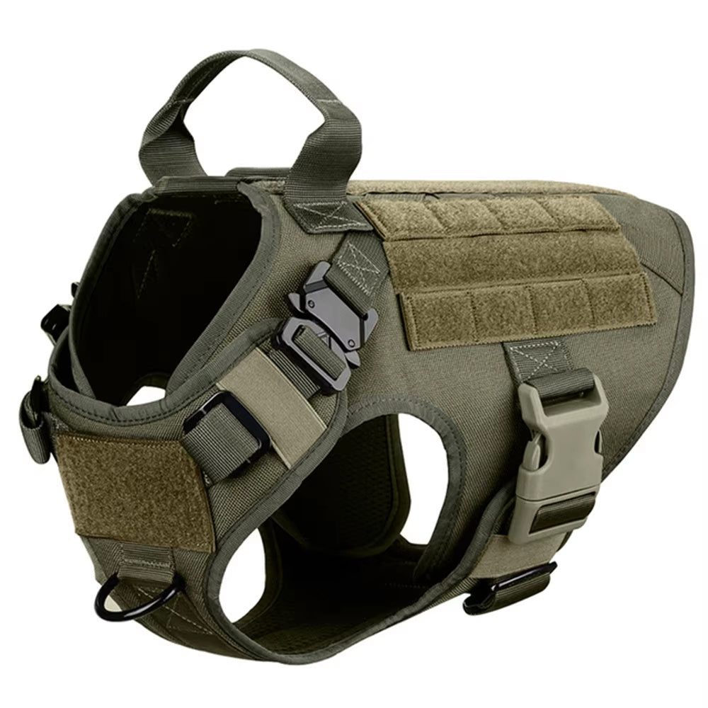 Olive green tactical dog harness on a white background
