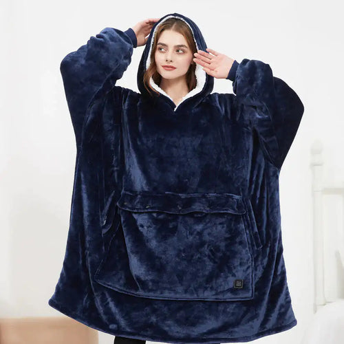 Person wearing a navy blue hooded blanket against a white background